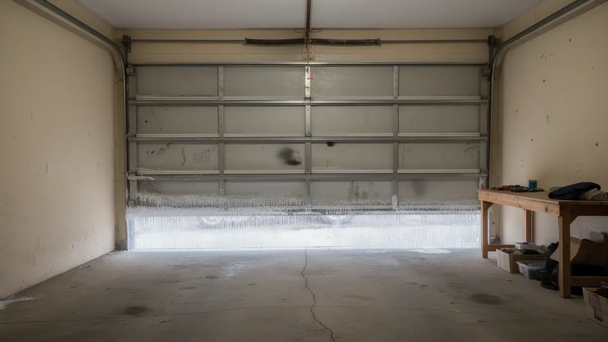The garage door is covered in ice and icicles at the bottom.