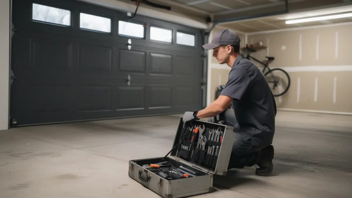 A technician kneels by an open toolbox in front of a gray garage door.