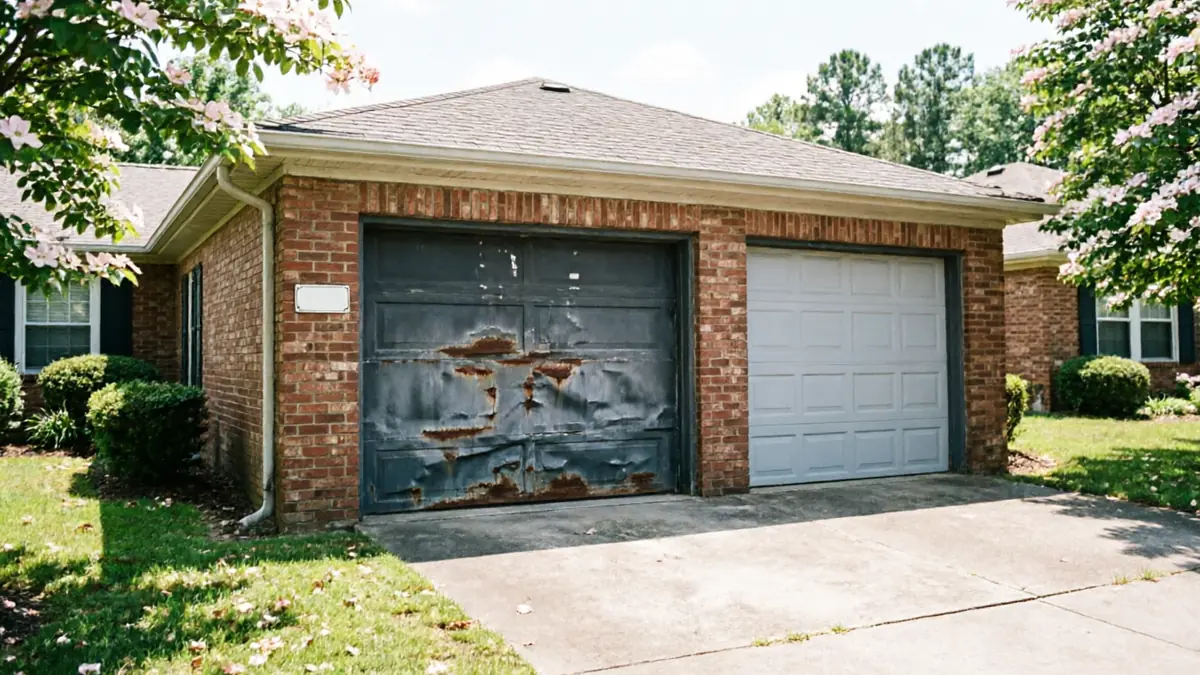 The house has two garage doors, one rusted and damaged, the other white.