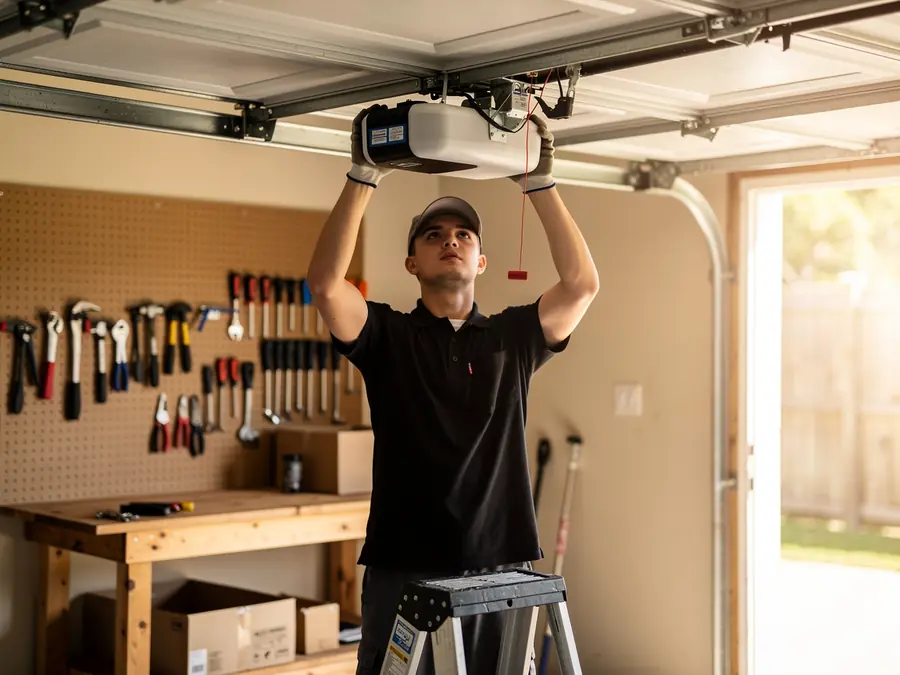 A technician on a ladder installs a garage door opener.