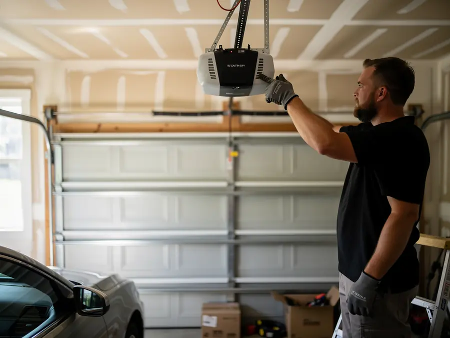 A technician adjusts a garage door opener above a white garage door.