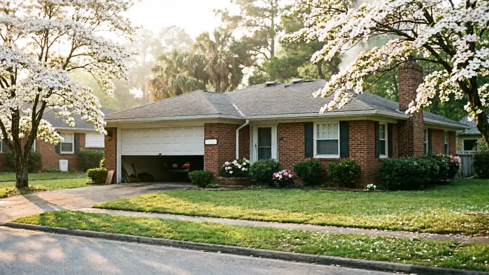 A brick house with a partially open white garage door and blooming trees.