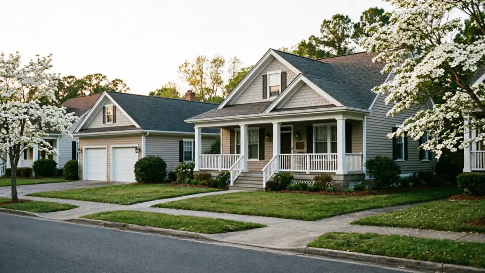 Two houses with white garage doors and blooming trees line a street.